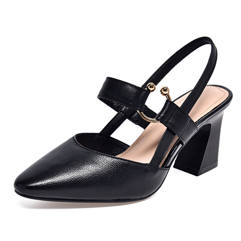 Sandal nữ da thật mũi nhọn gót vuông 5 cm, hở gót, phong cách mùa hè — Đen 5cm