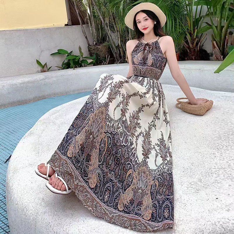Beach Dress Cotton Silk Printed Suspender Dress Hawaiian Style Island Yunnan Travel Vacation Dress Artificial Cotton Fresh and Light