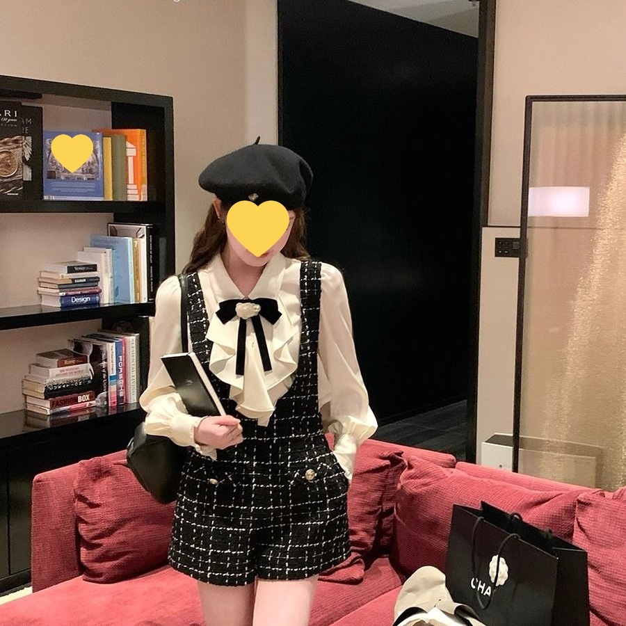 新款气质复古小香风黑白编制格纹背带裤女粗花呢减龄秋冬背带短裤