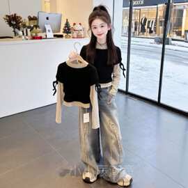 女童长袖t恤春秋季2026新款儿童假两件上衣女中大童春装打底衫潮