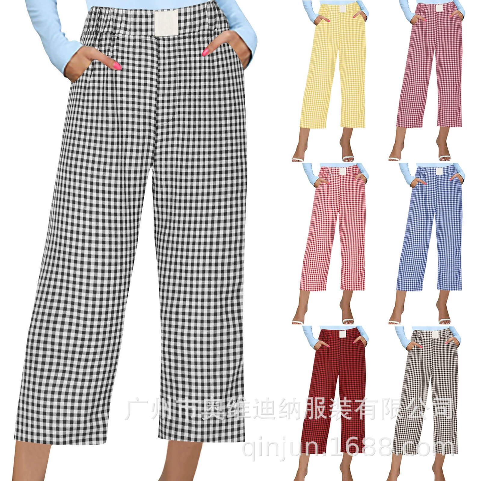 2024 новые трансграничные женские повседневные удобные с высокой талией свободные ретро клетчатые брюки