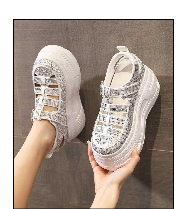 Giày sneaker nữ đế dày tăng chiều cao, phối đá rhinestone, kiểu dáng thể thao trắng tinh — màu trắng chi tiết 14
