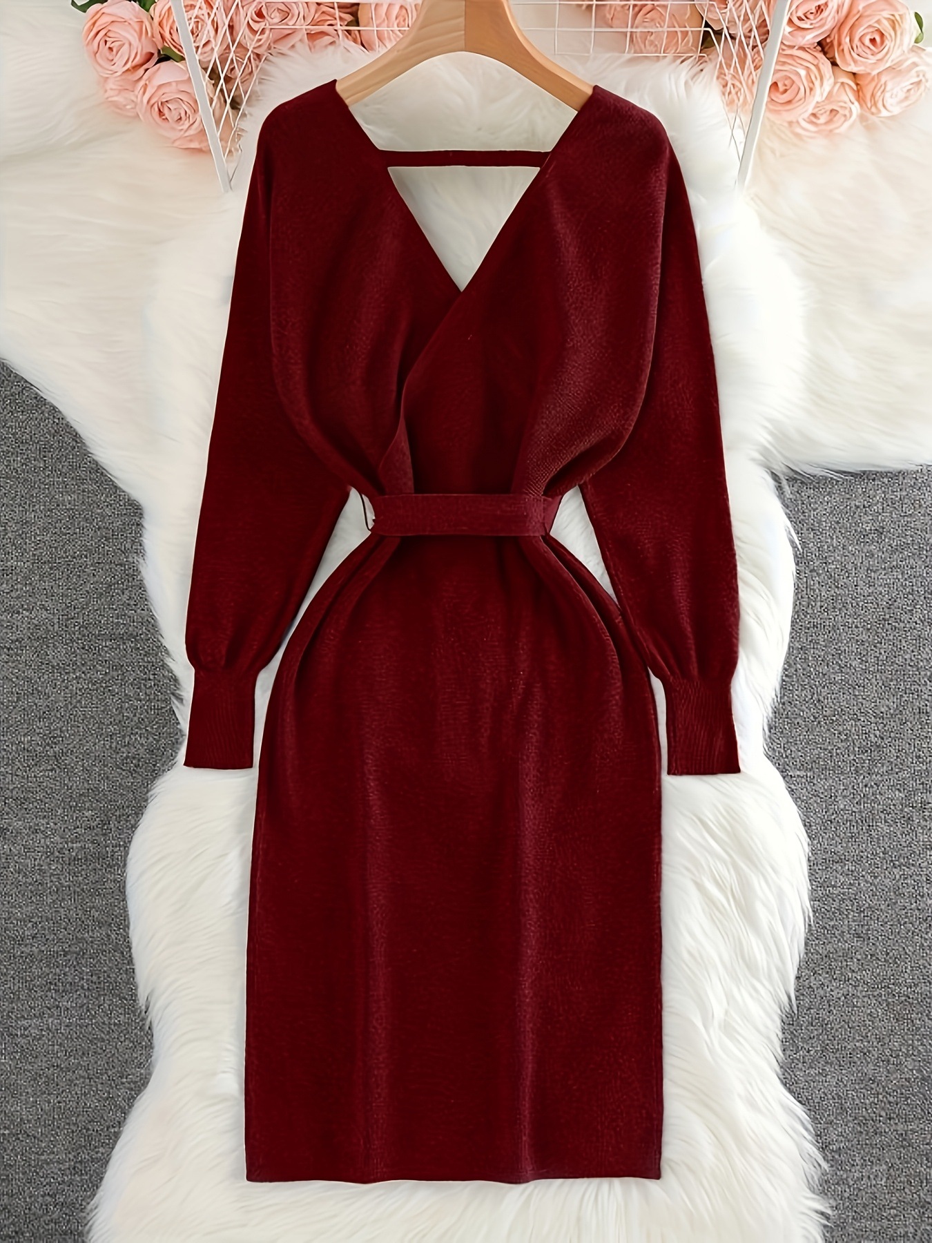 Women's Solid Color Knitted Dress With Bow Belt V Neck Long Sleeve Fashion_voghion.com