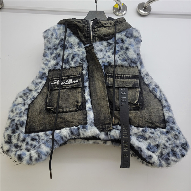 2025 otoño y invierno nueva ropa de mujer estampada de leopardo piel de empalme de bolsillo chaleco corto chaqueta de mujer blusa suelta image 3