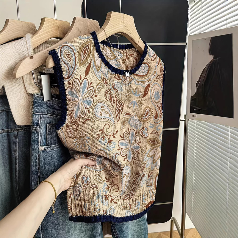 Cross-Border Shein Amazon Bohemian Style Paisley T-Shirt Top Round Neck Slim-Fit Knit Vest Hot-Selling Item Cross-Border Shein Amazon Bohemian Style Paisley T-Shirt Top Round Neck Slim-Fit Knit Vest Hot-Selling Item