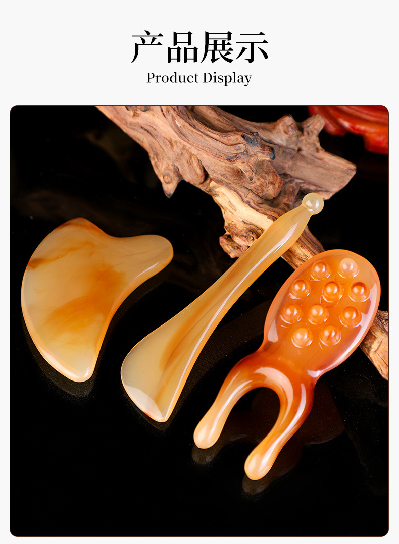 Resin Gua Sha Facial Massage Tool Set 4 Piece Guasha Board Eye Roller Acupoint Stick for Face Care in use