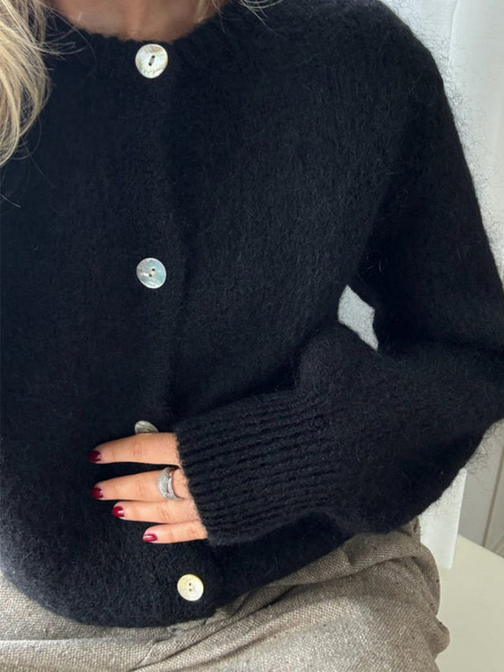 Áo cardigan len dệt kim dáng mỏng nhẹ cài nút một hàng, tay dài cổ tròn nữ — hoa hồng đỏ, màu be, màu cam, màu hoa cà chi tiết 99