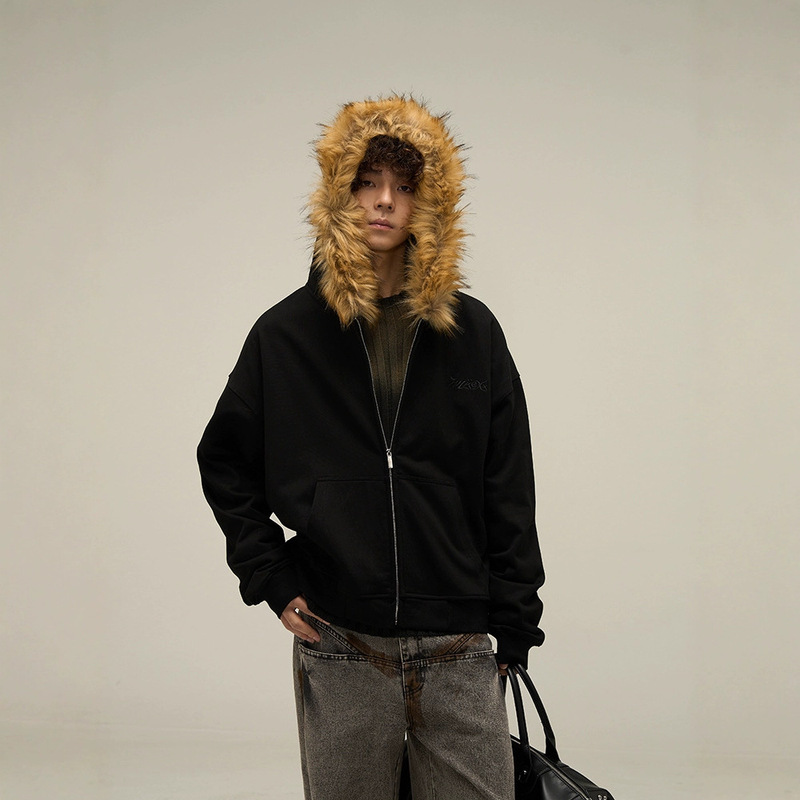 Cross-Border Direct Sales American Retro Fur Collar Couple Hooded Zipper Cardigan Sweatshirt Oversize Design Niche Jacket Cross-Border Direct Sales American Retro Fur Collar Couple Hooded Zipper Cardigan Sweatshirt Oversize Design Niche Jacket