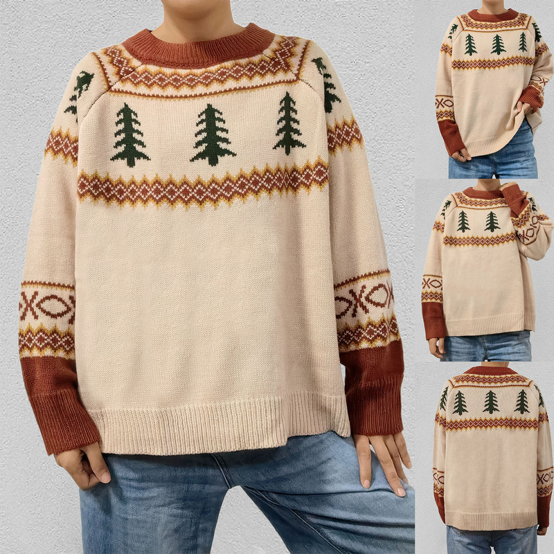 Women's Pullover Sweater Cross-Border European and American Clothing Christmas Holiday Elements Christmas Tree Jacquard Sweater Loose Top Women's Pullover Sweater Cross-Border European and American Clothing Christmas Holiday Elements Christmas Tree Jacquard Sweater Loose Top