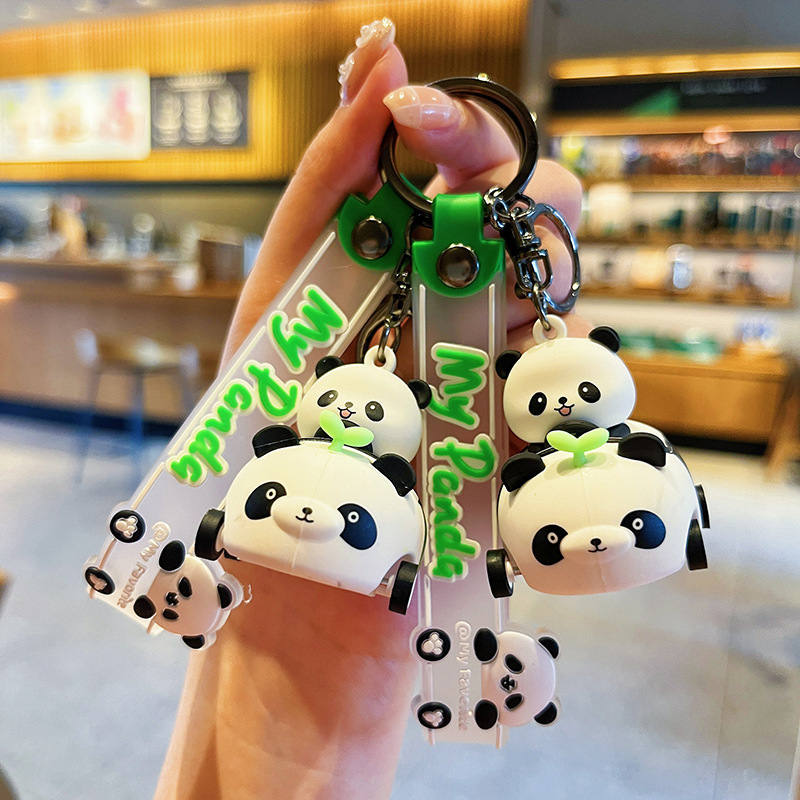 Creative Rotating Panda Hand Rope Car Keychain Women's Cute Cartoon Student Schoolbag Pendant Internet Celebrity Couple's Small Gift