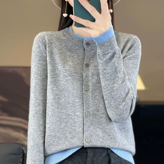 春秋新款拼色假两件针织开衫女时髦洋气简约毛衣休闲显瘦长袖外套