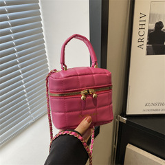 迷你鏈條盒子包2024新款方格繡線單肩包韓版時尚雙拉鏈手提斜跨包