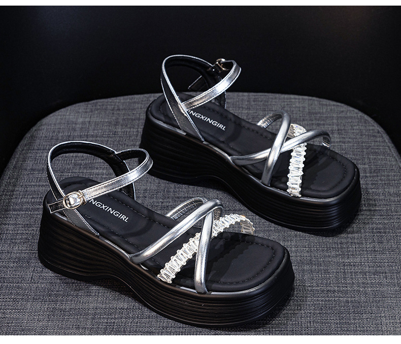 Sandal nữ đế dày đính đá mũi hở quai khóa cài phong cách tiên nữ — M2901 màu đen, M2901 màu be, M2901 màu bạc chi tiết 29