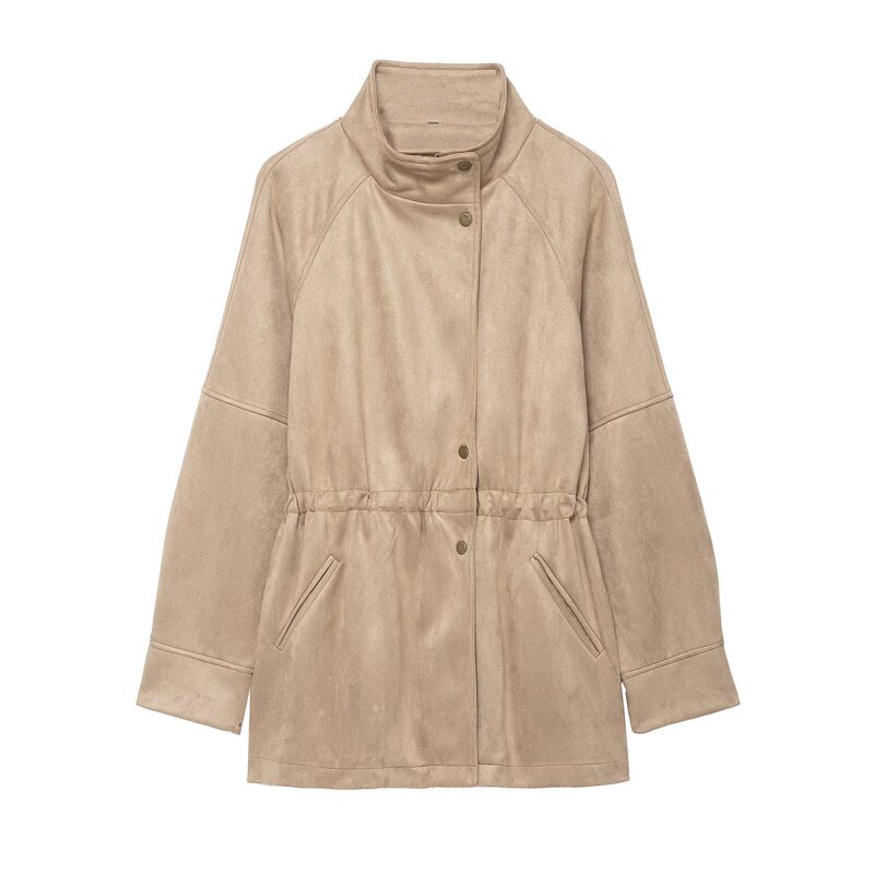 Bsk&Traf Women's 2025 Autum New Fashion Loose High-Neck Waist Suede Mid-Length Jacket Bsk&Traf Women's 2025 Autum New Fashion Loose High-Neck Waist Suede Mid-Length Jacket