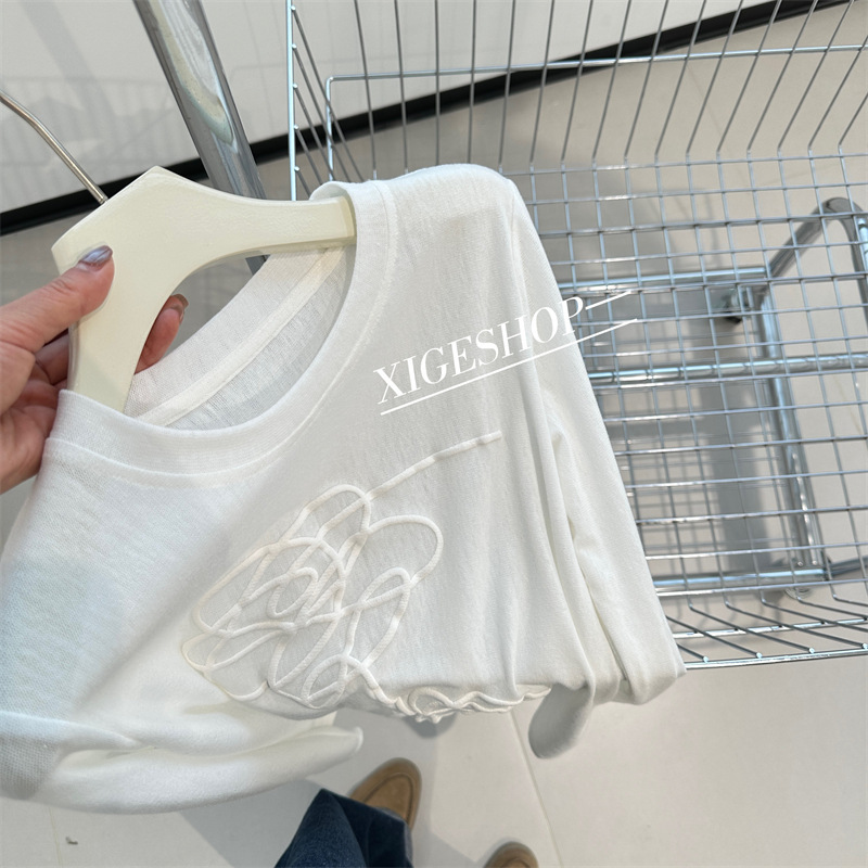 Three-dimensional Foam Flower Print Long-sleeved T-shirt Women's Spring and Summer Micro-transparent Elastic Slim-fit All-match White Sunscreen Top