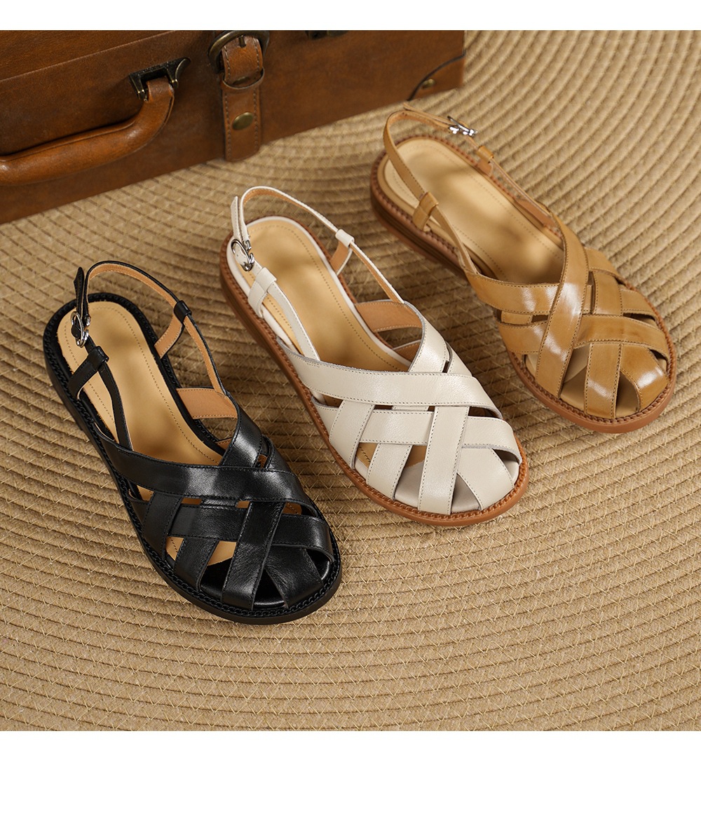 Dép sandal nữ mũi nhọn da bò quai chữ v gót thấp — màu be chi tiết 13