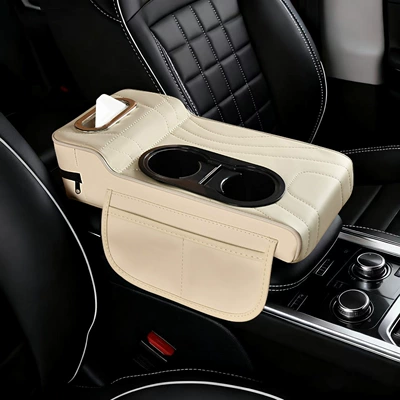 Protective Cover Universal Double Cup | Armrest box pad - high-and-low-water-cup-models-embroidered-ivory-white