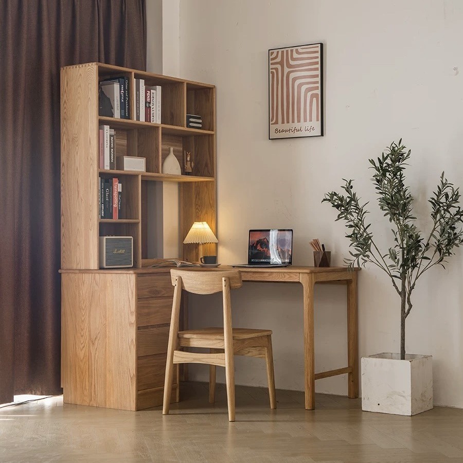 White Oak Corner Desk Student Writing Desk Solid Wood Integrated Bookshelf Desk Computer Desk Simple Corner Desk