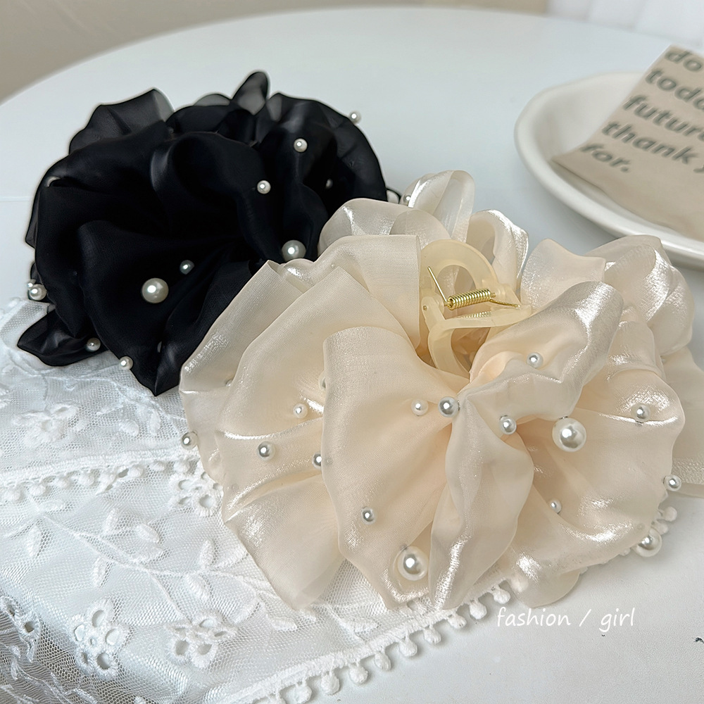 Solid Color Pattern Women's Gender Elegant Princess Lady Solid Color Gauze Inlaid Pearls Hair Claws