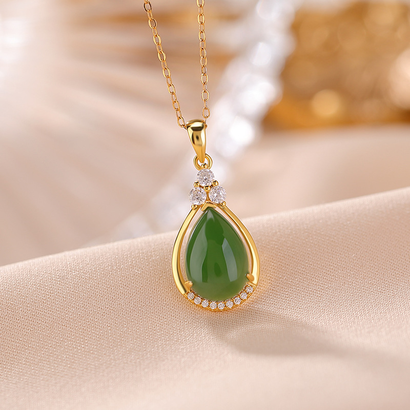 Mặt dây chuyền bạc S925 mạ vàng đá Jasper tự nhiên hình giọt nước dát ánh sáng — Mẫu bạc (không bao gồm dây chuyền)