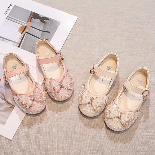 Girls' leather shoes with bows, shiny rhinestone pearl fairy princess shoes, little girls' fashionable children's sequined shoes