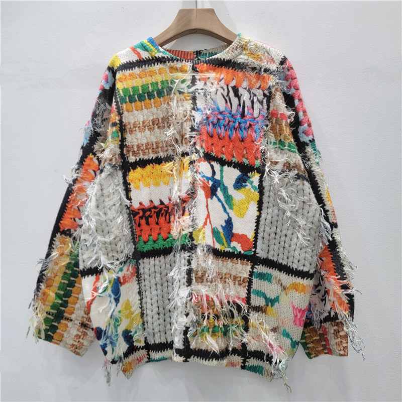 Diseño de estilo europeo y americano impresión de contraste de color de punto hoodie de cuello redondo suéter de moda suelto