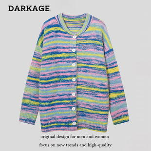 American high street retro rainbow gradient striped sweater men's and women's fashion brand loose lazy style knitted cardigan jacket
