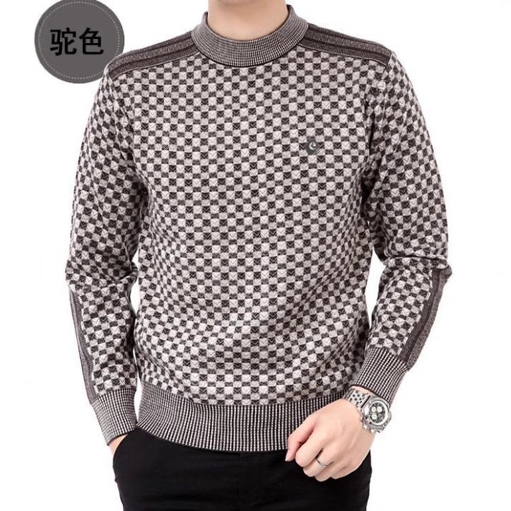Plaid Thickened Mercerized Sweater Jacquard Round Neck Pullover Knitwear Dad's Top Woolen Sweater 2024 New Style