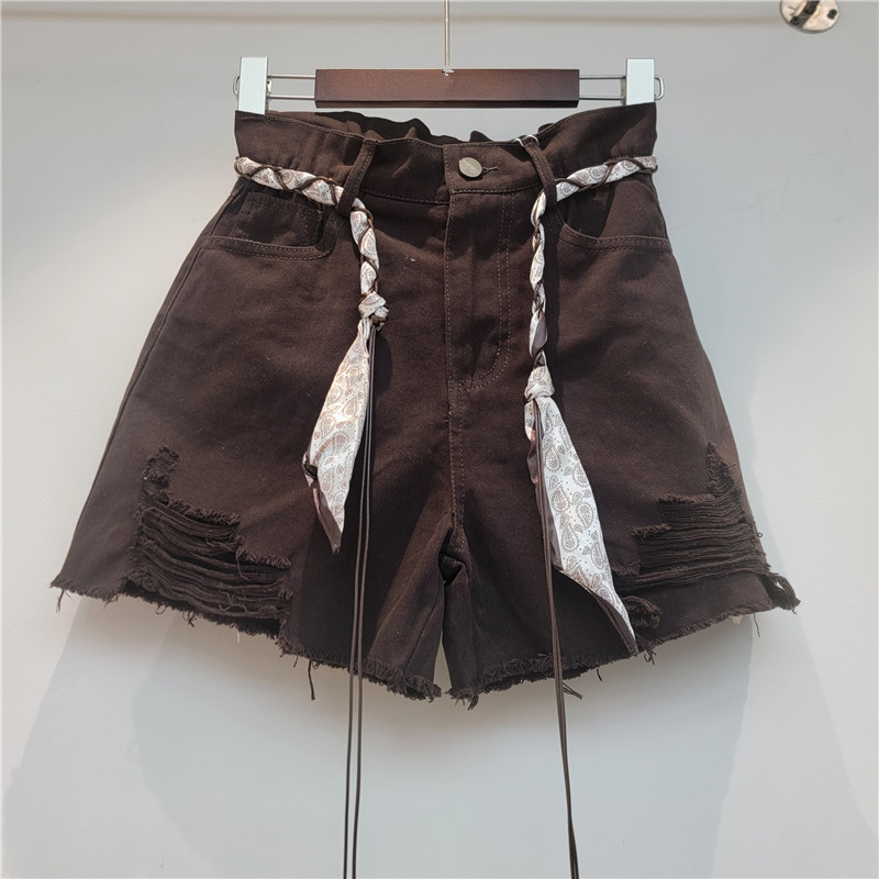 Pantalón Corto de Mezclilla de Cintura Alta con Rasgados Corte A para Verano