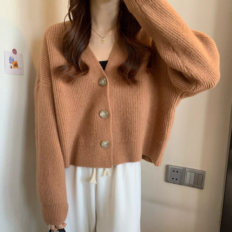 Retro con cuello en V estilo perezoso de punto cardigan desgaste exterior de las mujeres suelta otoño nuevo estilo suave glutinoso suéter abrigo moda image 5