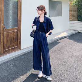 巨好看复古仿牛仔套装女2026夏季薄款蝴蝶结短袖衬衫阔腿裤两件套