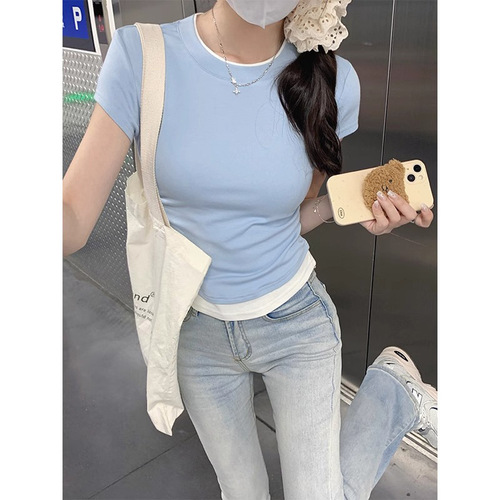 Tunic Top for Women - 2025 Summer, Pleated, Tailored, Crew Neck, Color-blocked, Two-piece Style, Modal Short Sleeve