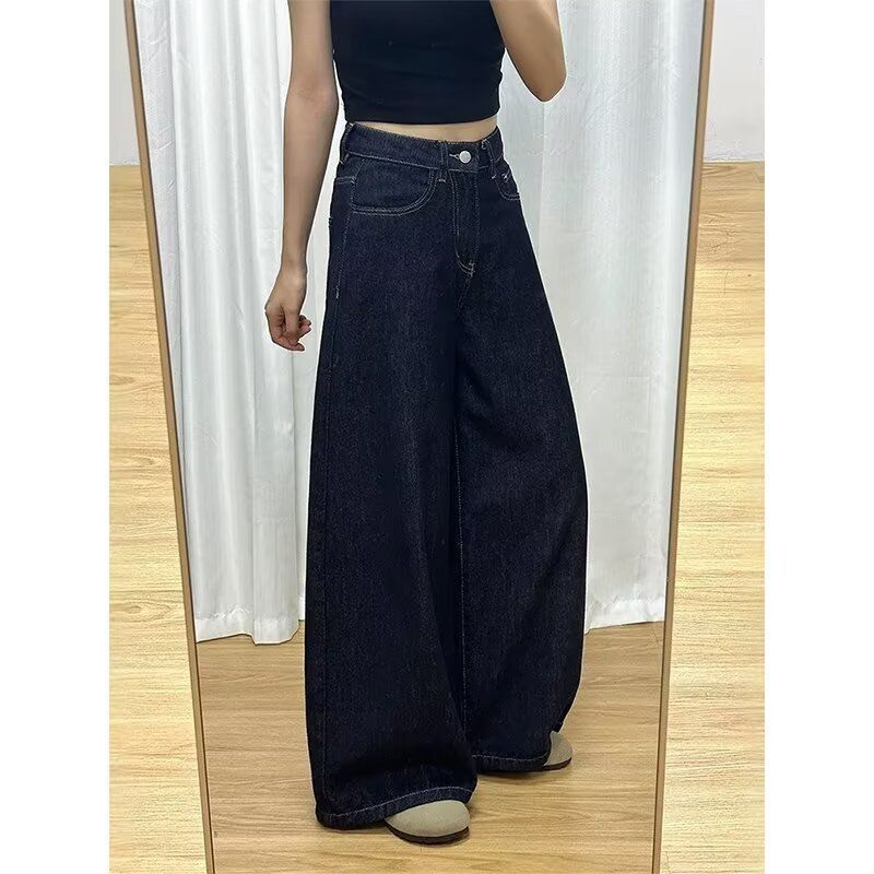 Dark Blue Straight-Leg Jeans for Women, Autumn New Plus-Size Pear-Shaped Body, High-Waisted Loose Slimming Wide-Leg Pants