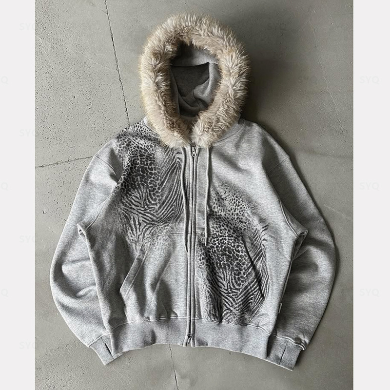 2026 Fur Collar Ins Fashion Range Printed Personalized Street Loose Men's and Women's Y2K Hooded Cardigan Sweatshirt Pants Suit 2026 Fur Collar Ins Fashion Range Printed Personalized Street Loose Men's and Women's Y2K Hooded Cardigan Sweatshirt Pants Suit