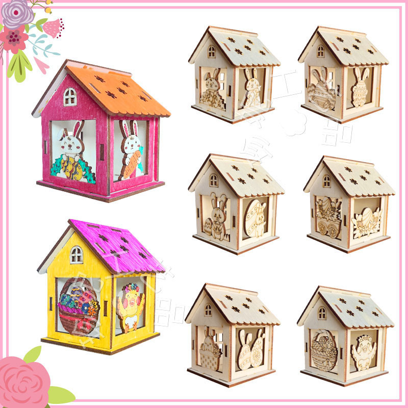 Easter Decoration Wooden House Cabin Party Holiday Home Decoration Ornaments Wooden DIY Gift