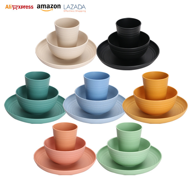 Cross-border Wheat Straw Bowl and Plate Cup for 6 suit Household Amazon Black Tableware Portable Gift suit