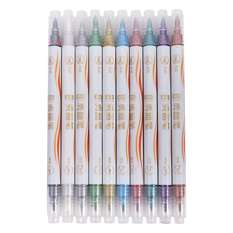 Color Xiuli Pen Double-headed Metal Pearlescent Soft Brush Art Painting Paint Pen Student Color Drawing Line Hand Account Pen