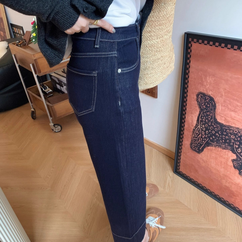 丹宁蓝九分阔腿牛仔裤女秋季薄款高腰宽松垂感小个子直筒裤子|undefined