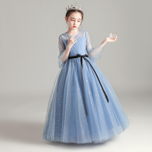 Children's Long Sleeve Dress 2024 New Style Trendy Flower Girl Host Piano Performance Dress