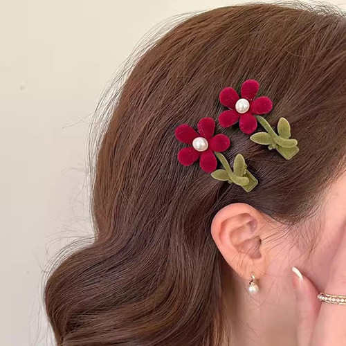 New Fall/Winter Red Flocked Flower Side Clip for Women: Delicate & Dainty Duckbill Hair Clips for Flyaways, Bangs, and Fringe