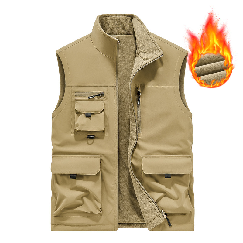 Cross-border chaleco de terciopelo de doble cara hombre ocio collar chaleco al aire libre hombro chaleco de pesca hombre de mediana edad chaleco de bolsillo