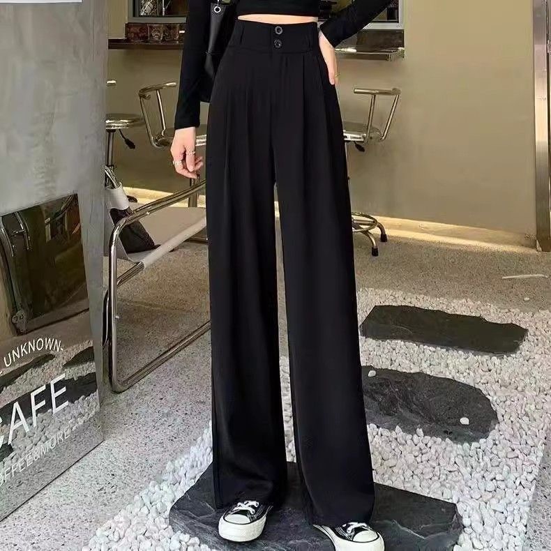 黒のダブルボタンカジュアルストレートスーツパンツ女性の夏の新しい大きいサイズファットmmハイウエストドレープヒップカバー痩身ワイドレッグパンツ|undefined