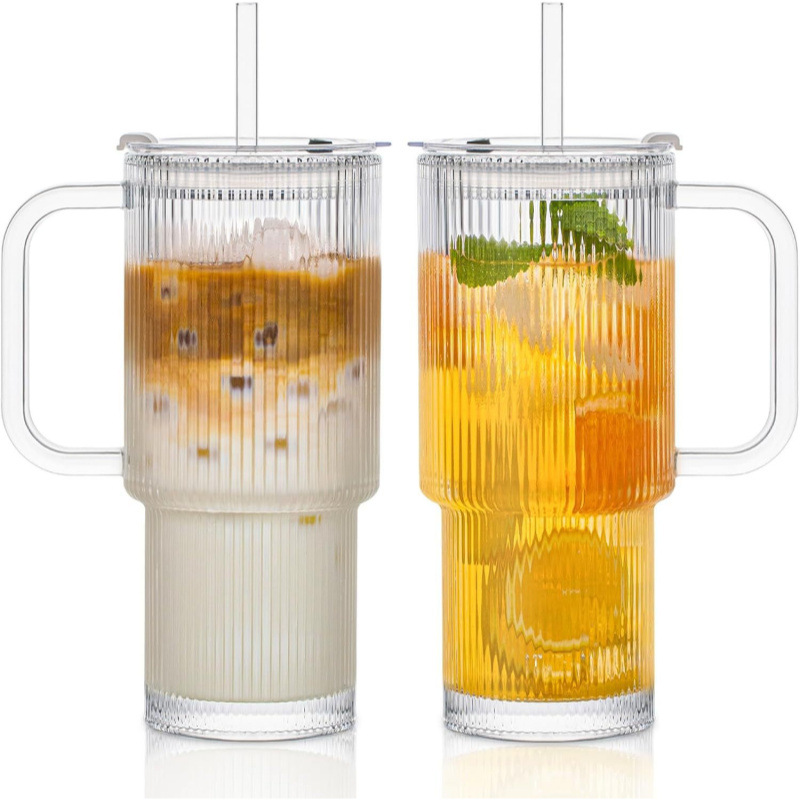 Amazon de gran capacidad con tazas de vidrio a rayas verticales de alto valor, tazas de bebidas heladas, tazas de café con latte, tazas de agua