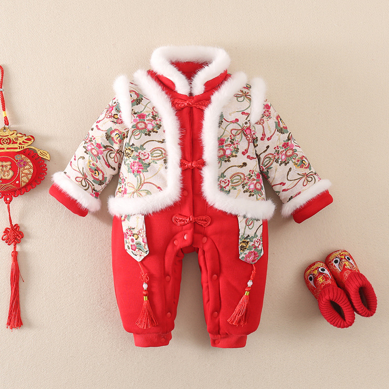 新生婴儿连体衣加厚保暖棉衣中国风女宝宝拜年服周岁礼服唐装汉服