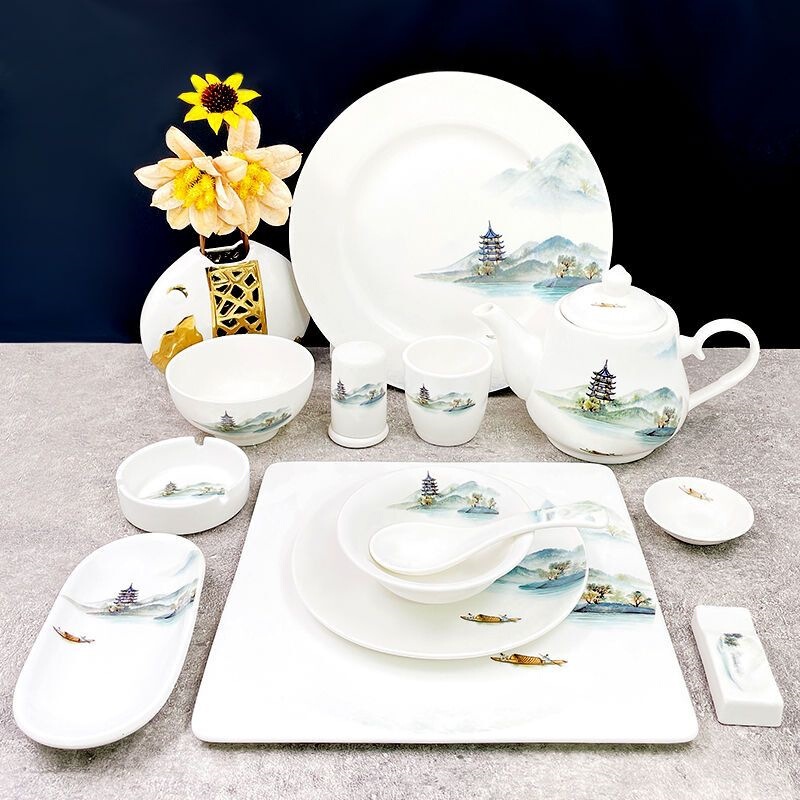 New Chinese-style tableware set, ceramic bowls, plates, and spoons set, three-piece set for restaurants and hotels, hotel tableware New Chinese-style tableware set, ceramic bowls, plates, and spoons set, three-piece set for restaurants and hotels, hotel tableware