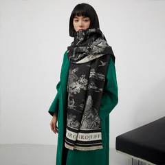2025秋冬の新型の厚いジャカードのマフラーの女性はカシミヤの保温のショールの高級な軽さの贅沢感の山水画の外装をまねます。