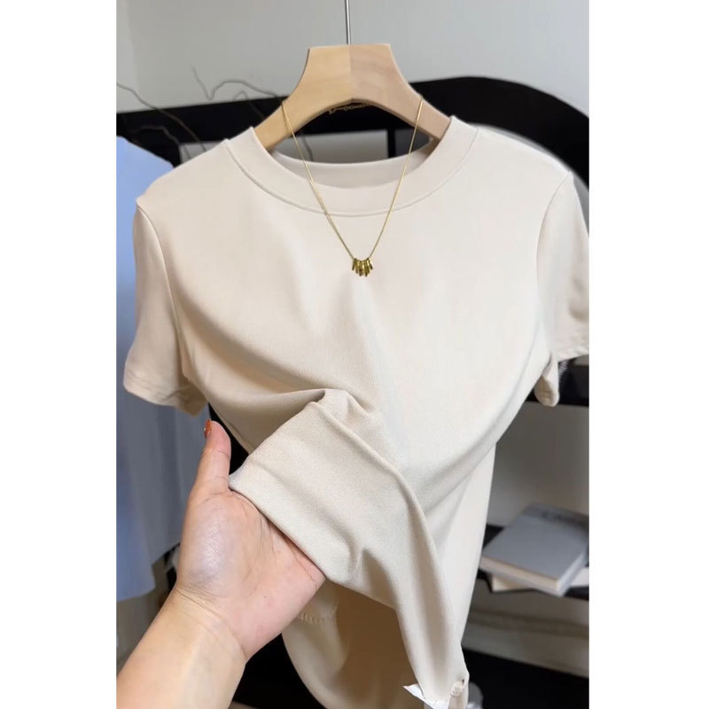 ソリッドカラー半袖右肩ラウンドネックTシャツ女性用2025夏新作スリムフィットモーダル薄底トップ|undefined