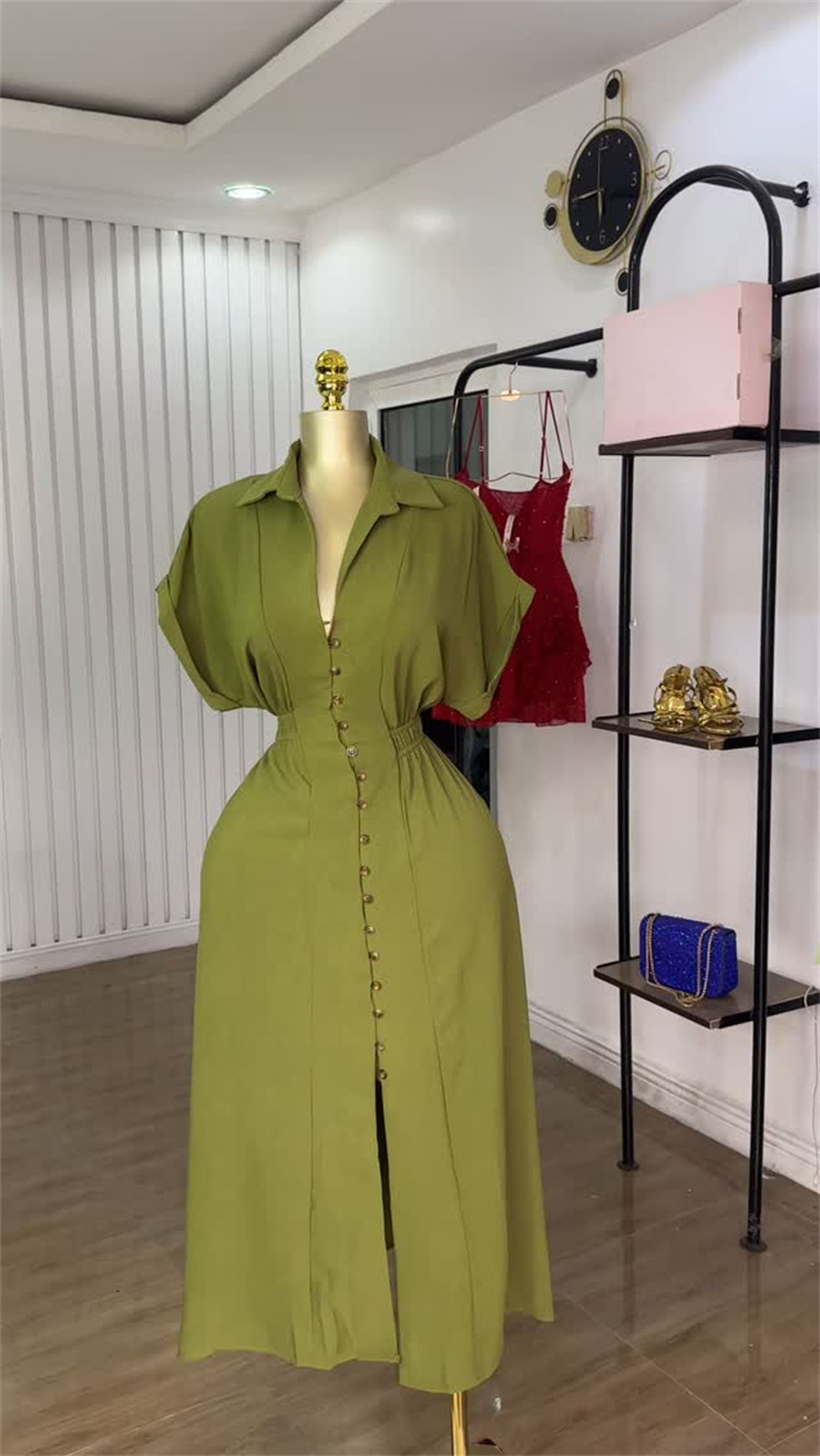 Women's Clothing Summer Fashion Shirt Dress American Style Lapel Short Sleeved Single Breasted Waist Cut Slit_ecoleips.com