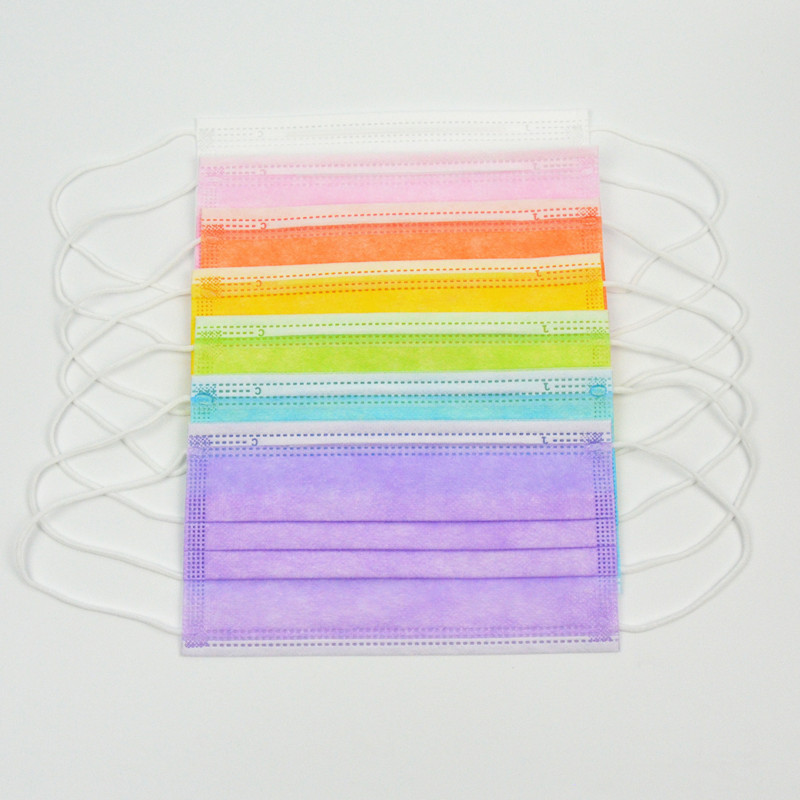 批发白蓝粉紫橙绿黄色一次性三层无纺布彩色口罩大人独立包装