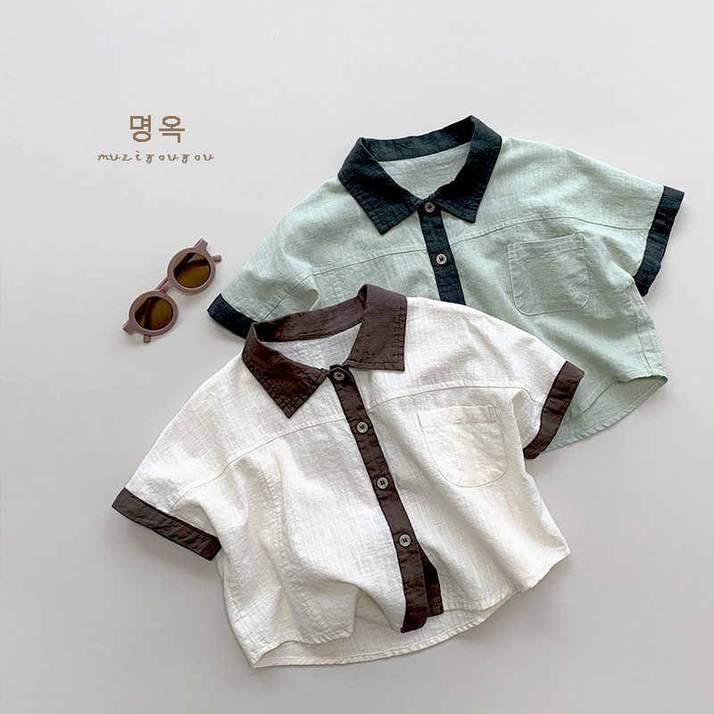 Children's color-blocked short-sleeved shirt, 2026, Korean style, loose fit, Japanese and Korean style top, children's clothes, trendy woven fabric wholesale.